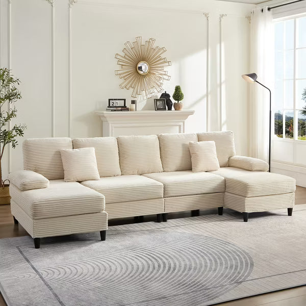 Mjkone 112" U Shaped Sectional Couches, Corduroy Sectional Sofa with Double Chaises and Sleepable Armrests, Large 4 Seater Sofa