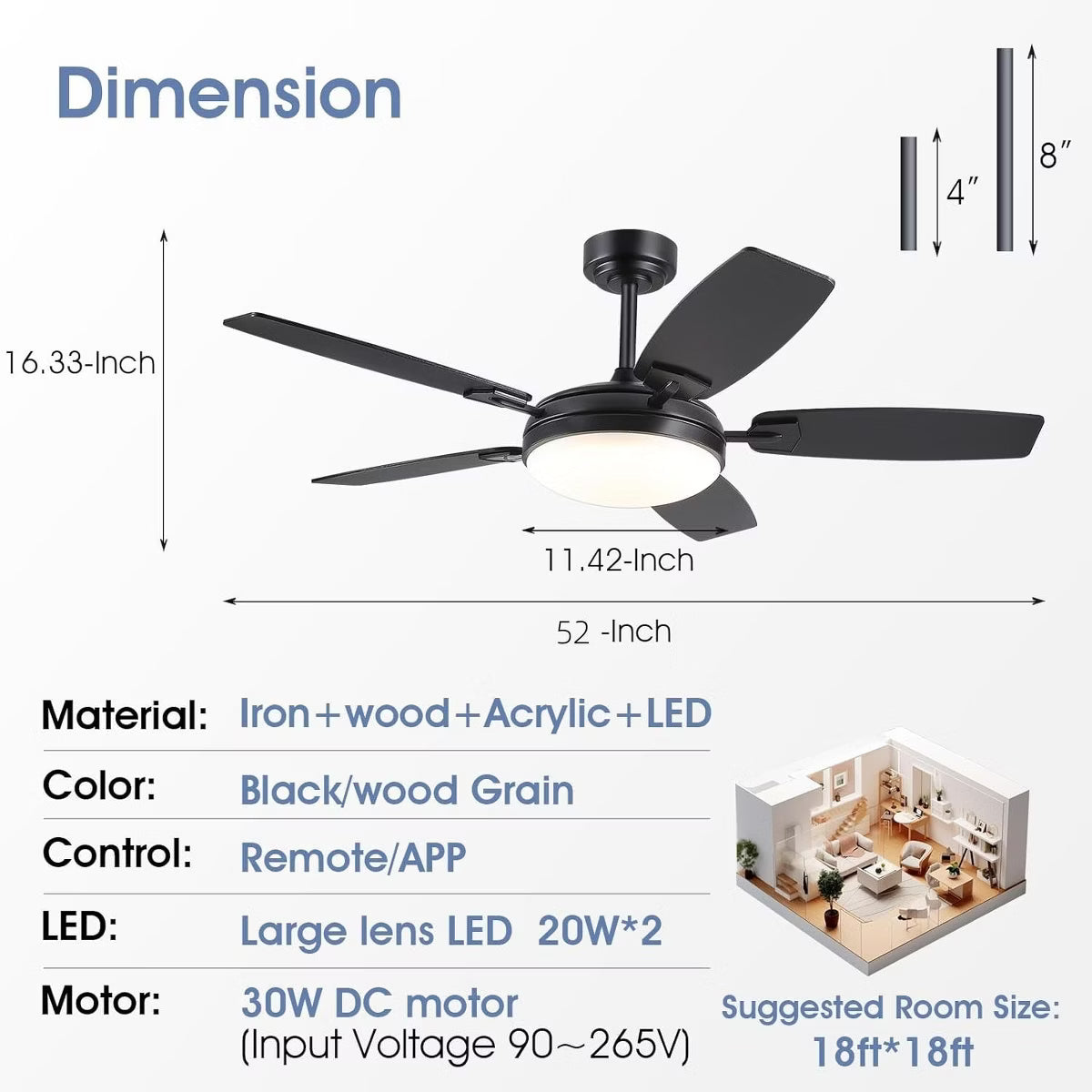 Kviflon 52 Inch Modern Downrod Ceilng Fan Light, Reversible DC Motor,3CCT Dimmiable LED,for Living Room Patio Kitchen