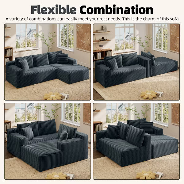 AENKYO 96" L-Shaped Corduroy Sofa, Modern Sectional Couch with High Back, Wide Stripe Fabric, 3-Seat Living Room Sofa