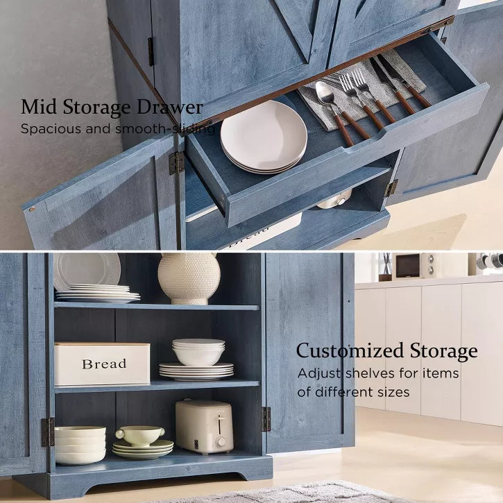 SinCiDo Farmhouse Kitchen Pantry with Barn Doors and Adjustable Shelves, Storage Cabinet, Rustic Wood Cupboard for Kitchen