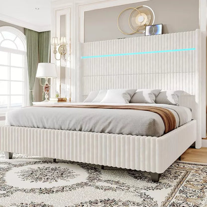 AMERLIFE Bed Frame with LED Lights Charging Station, Corduroy Upholstered Platform Bed Frame