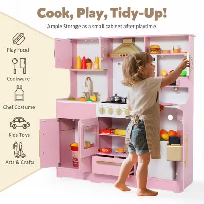 TODECARE Wooden Play Kitchen for Kids with Storage System, Ice Maker and Coffee Maker, Gift for Boys and Girls Age 3+