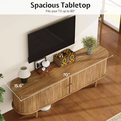 AMERLIFE 70" TV Stand with Solid Wood Legs, Mid Century Modern TV Console with Tambour Door