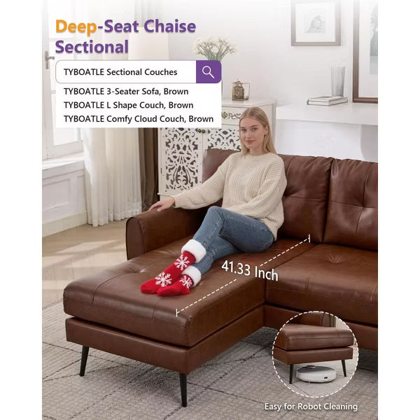 TYBOATLE L-Shaped Sectional Sofa with Chaise, Brown Fabric Cloud Couch