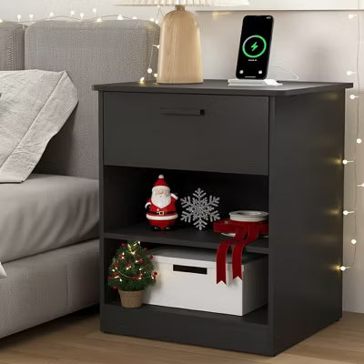 Resenkos Wood Nightstand With Charging Station, Bedside Table With Wood Drawers And Open Shelf, Night Stand With Storage For Bedroom, Black