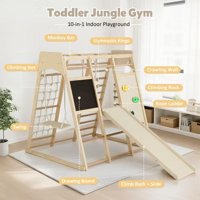 TODECARE Toddler Climbing Toy Indoor, Wood Kids Climber Slide Playset, Outdoor Jungle Gym