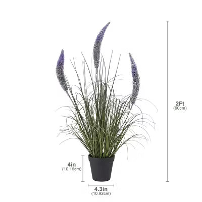 Artificial Foxtail Onion Grass Potted Plant - Purple & Green Faux Flowering Spikes - Fake Farmhouse Ornamental Greenery for Modern Home Decor