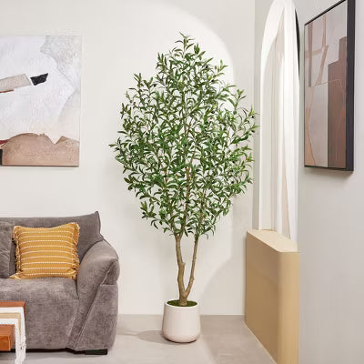 7FT Artificial Olive Tree with White Planter and Silk Leaves, Faux Potted Tree with Realistic Fruits, Tall Fake Floor Plant for Indoor Home Decor