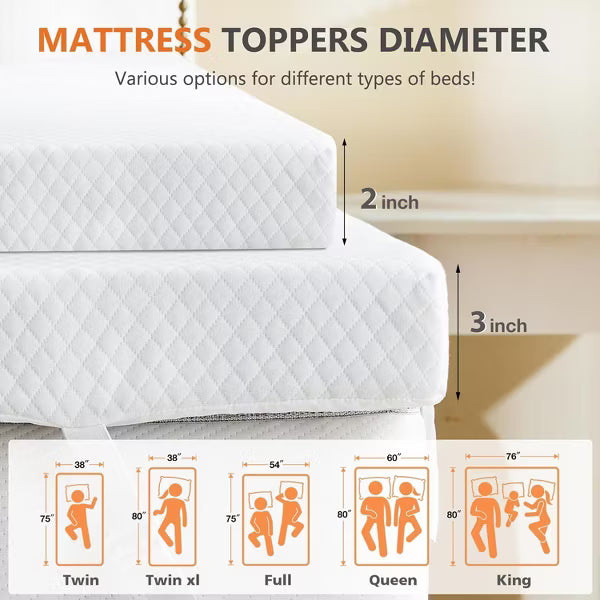Queen Size Cooling Mattress Topper – 3 Inch Gel Memory Foam for Pain Relief & Temperature Control, Breathable & Hypoallergenic with Washable Cover
