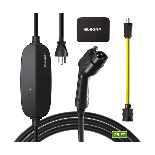 ELEGRP Level 1/2 EV Charger 16 Amp, Portable Electric Vehicle Charger 240V for BEVs/PHEVs with 25FT Cable,NEMA 6-20 & 5-15 Adapter