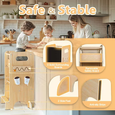 KOLIGEY Toddler Tower 4-in-1 Multifunctional Kitchen Stool Helper with Removable Safety Board, Adjustable Heights