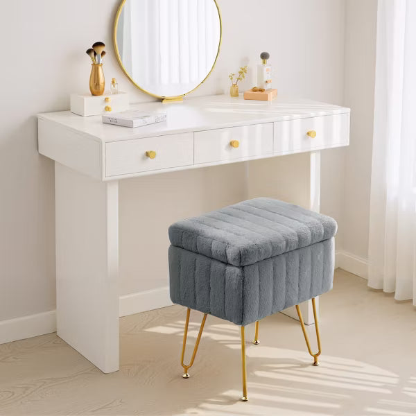 IULULU Vanity Stool, Faux Fur-Padded, 4-Legged Stool with Anti-Slip Feet, White