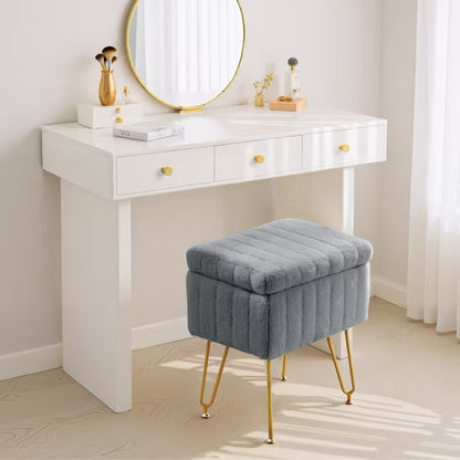 IULULU Vanity Stool, Faux Fur-Padded, 4-Legged Stool with Anti-Slip Feet, White