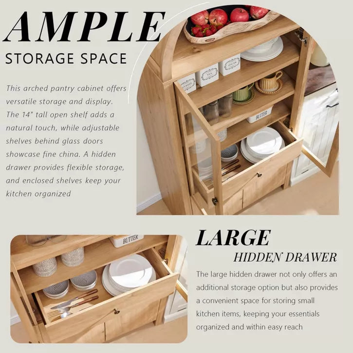 71" Tall Arched Pantry Cabinet with 4 Doors & Adjustable Shelves & Hidden Drawer, Modern Farmhouse kitchen Storage Cabinet
