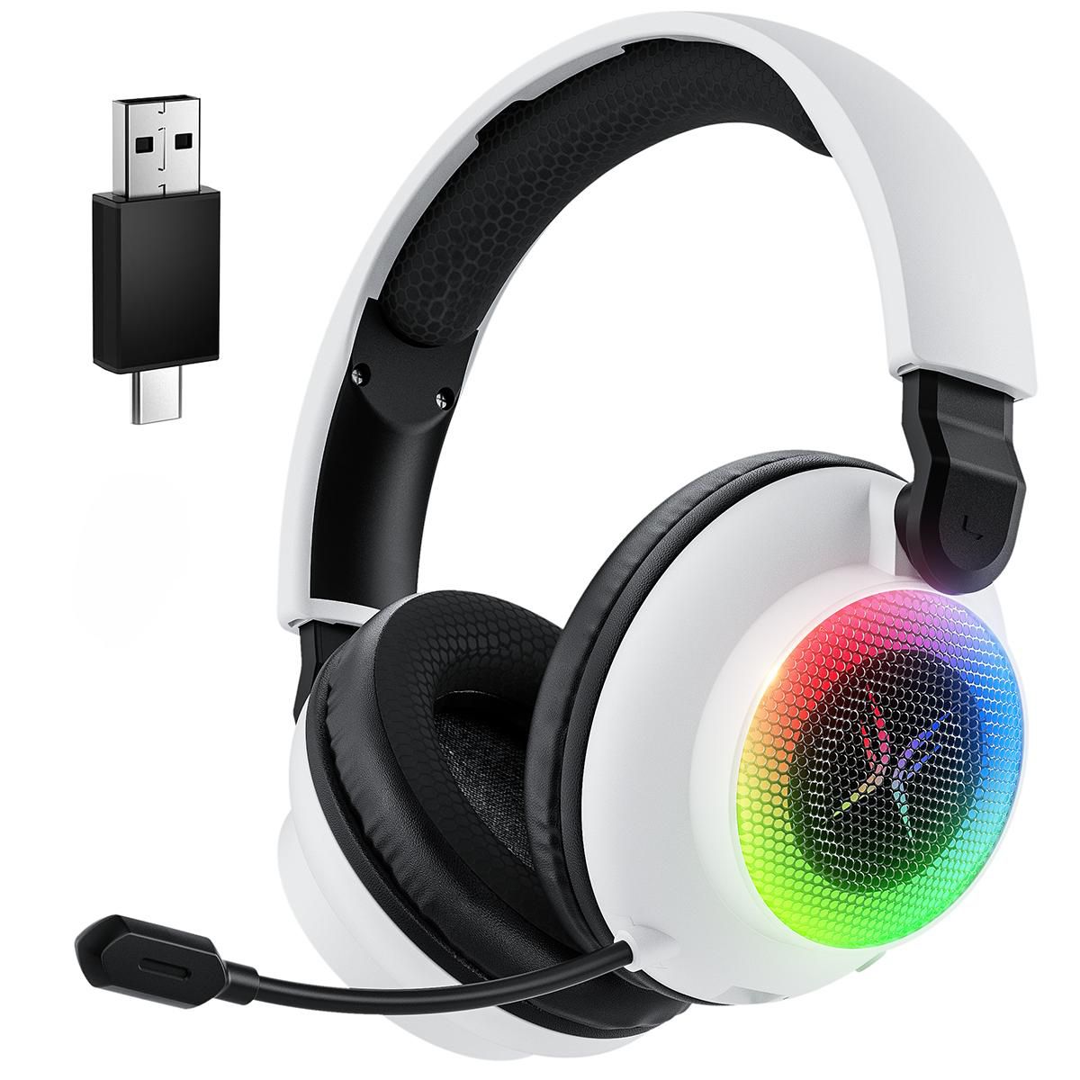 Tri-mode gaming headset, over-ear design, RGB lighting, noise cancellation, long battery life, multi-device compatibility.