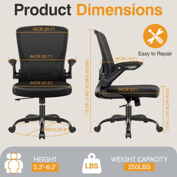 KERDOM Ergonomic Office Chair, Mesh Computer Chair, with Lumbar Support, Rotatable, Reversible Armrests, Height Adjustable, Black