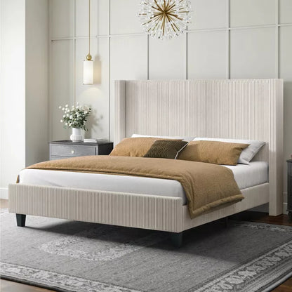 AMERLIFE Upholstered Platform Bed Frame, Wingback with 50.8" Headboard, Corduroy, Solid Wood Legs, No Box Spring