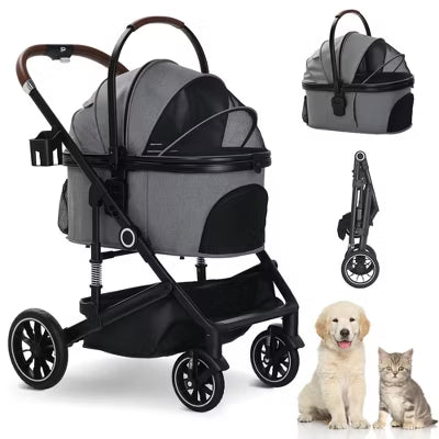 TODECARE 3-in-1 Folding Pet Stroller for Small to Medium Dogs and Cats up to 50 lbs with Storage Basket, Black