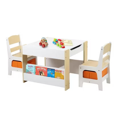 TODECARE 4 in 1 Kids Wooden Table and 2 Chairs Set with Double Bookcase and Blackboard, Gray