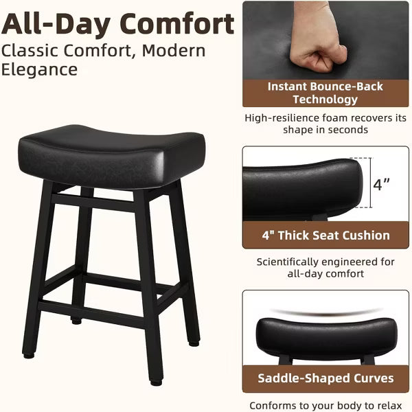 DYHOME 24 Inches Bar Stools, Saddle Kitchen Stools with PU Leather Cushion Counter Height Barstools, Set of 3