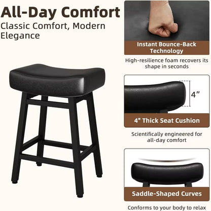 DYHOME 24 Inches Bar Stools, Saddle Kitchen Stools with PU Leather Cushion Counter Height Barstools, Set of 3