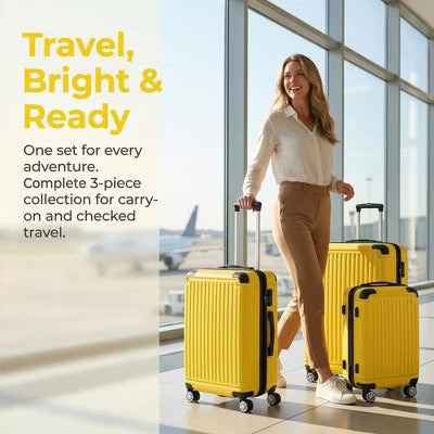 3-Piece Hardside Luggage Set 20" 24" 28", ABS Suitcases with TSA Lock, Spinner Wheels, Expandable, Lightweight Travel Luggage, Lemon Yellow