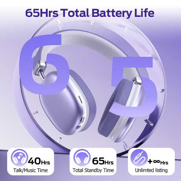 SY-BT1632 Purple Over-Ear Bluetooth Headphones: 40mm Bass Driver, Bluetooth 5.3 Dual-Mode, 40hr Battery, Comfort Fit