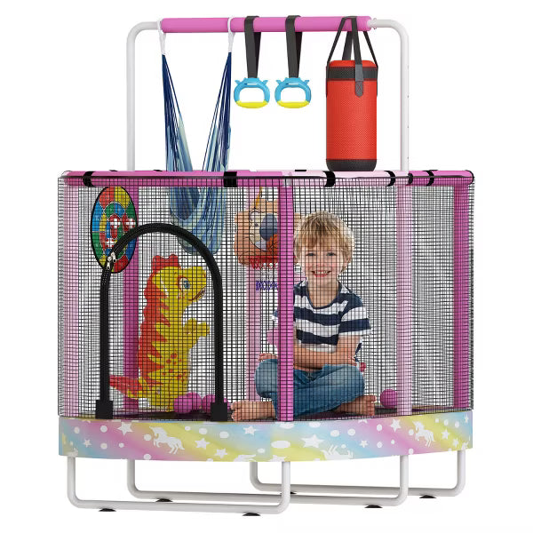 Hooseng 60" Oval Trampoline for Kids, 5 FT Indoor & Outdoor Toddler Trampoline with Safety Enclosure, Adjustable Gymnastics Bar, Swing & Toys