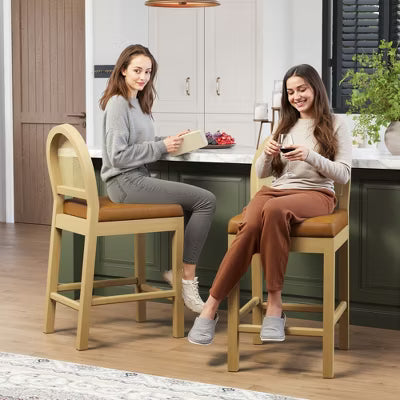 Set of 2 Rattan Back Counter Height Bar Stools with Upholstered Seat and Solid Beech Wood Frame