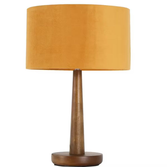 18.5" Walnut Tapered Wood Table Lamp with Orange Velvet Drum Shade for Bedside, Living Room, Reading Corner, Caf¨¦, Guest Lounge, or Hotel Room