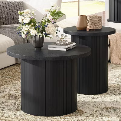 AMERLIFE Rustic Nesting Coffee Table Set, Round Wood Finish Side Tables for Living Room