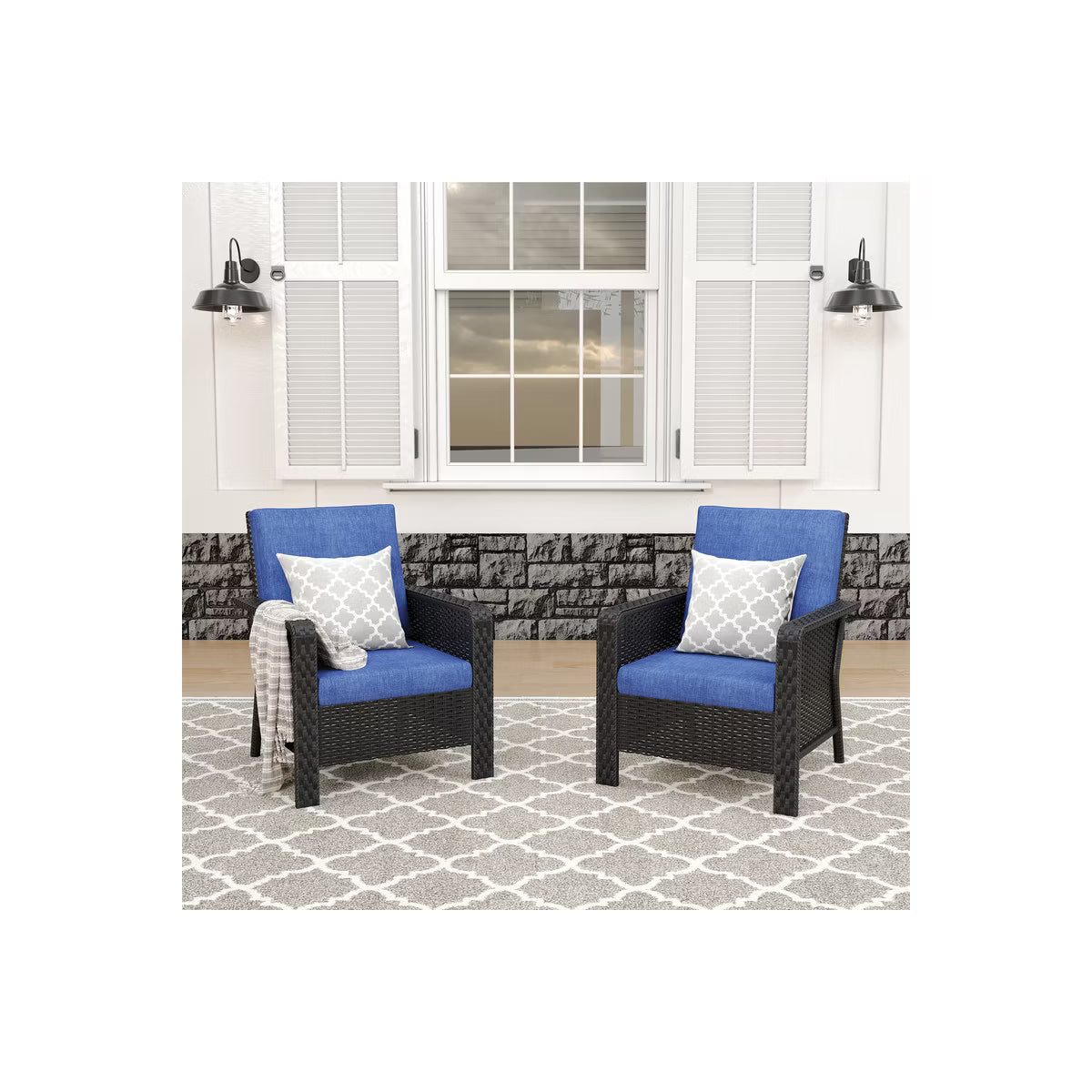 SUGOLD 2-Piece Wicker Patio Conversation Set with Blue Cushions, Outdoor Rattan Armchairs for Deck, Porch & Garden