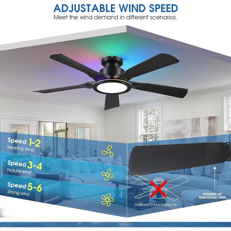 52 Inch Modern Ceiling Fan,Flush Mount Ceiling Fan with Light.for Living Room,Bedroom
