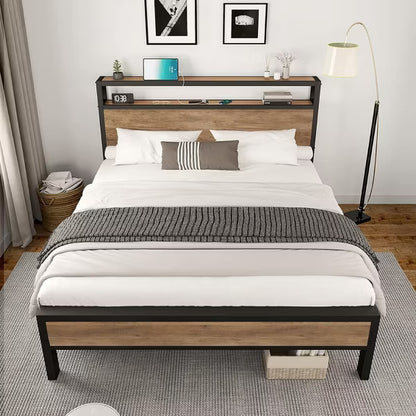 AMERLIFE Platform Bed Frame with Charging Station Storage Headboard, Noise-Free