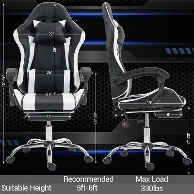 Bosmiller Gaming Chair with Massage Lumbar Support Ergonomic Video Game Chair, Adjustable Headrest & Footrest, White