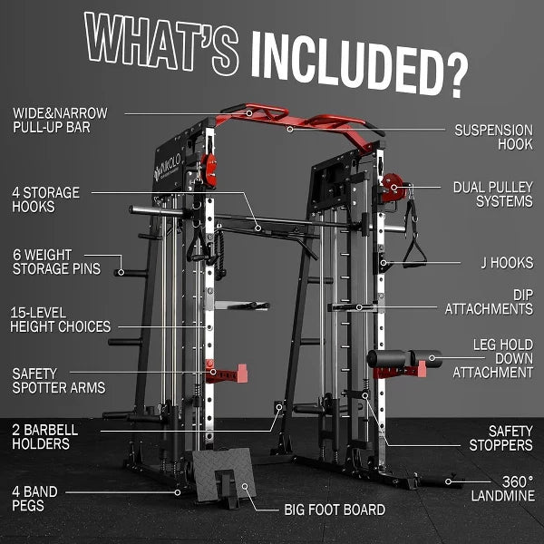ER KANG Smith Machine, 2200lbs Squat Rack with LAT-Pull Down System & Cable Crossover Machine, Training Equipment with Leg Hold-Down Attachment