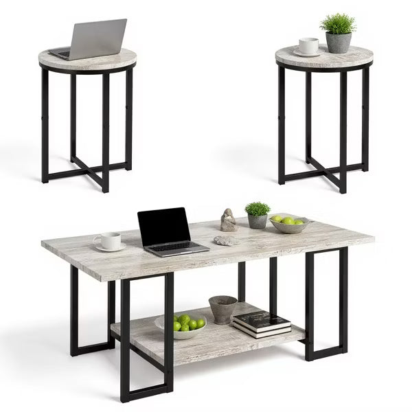 Hooseng 3 PCS Coffee Table Set Rectangle Coffee Table and 2 PCS Round End Tables Metal Frame and Particle Board Tabletop
