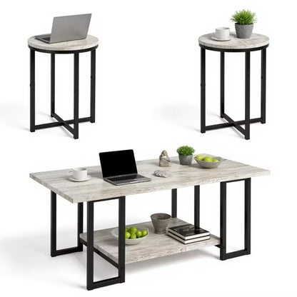 Hooseng 3 PCS Coffee Table Set Rectangle Coffee Table and 2 PCS Round End Tables Metal Frame and Particle Board Tabletop