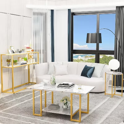 Hooseng Living Room Table Set of 3, Faux Marble Coffee Table & Side Table & Console Table with Storage Shelves & Metal Frame for Living Room, Office