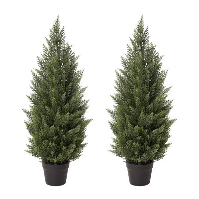 Dr.Planzen Artificial Cypress Topiary Trees Set of 2 - UV Resistant Outdoor Faux Plants for Front Porch - Potted Fake Evergreen Christmas Decor