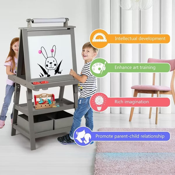 Kinder King 3 in 1 Kids Art Easel w/Storage Double-Sided Magnetic Whiteboard & Chalkboard Dry-Erase Board w/Paper Roller