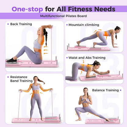 FEIERDUN 5 in 1 Folding Pilates Board, Pilates Reformer Set with 300 LBS Weight Capacity, Portable Home Pilates for Woman (Pink）
