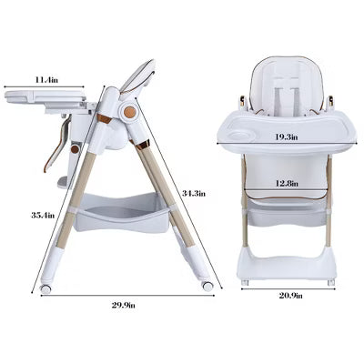 CIPACHO White Adjustable Baby High Chair (0-6 Years), Portable Infant Feeding Seat with Safety Belt, Silent Lockable Wheels & Easy-Clean Design