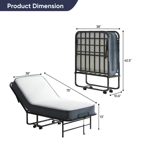 Mjkone Folding Bed with 5''Mattress,Portable Guest Bed Camping Cot,Soft Padded Rollaway Sleeping Bed with Wheels,Twin Size
