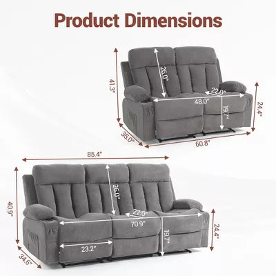 BOSMILLER Manual Recliner Sofa Set, 2 Piece Reclining Living Room Furniture Sets with Cup Holders for Home Theater, Office (Grey, Sofa+Loveseat)