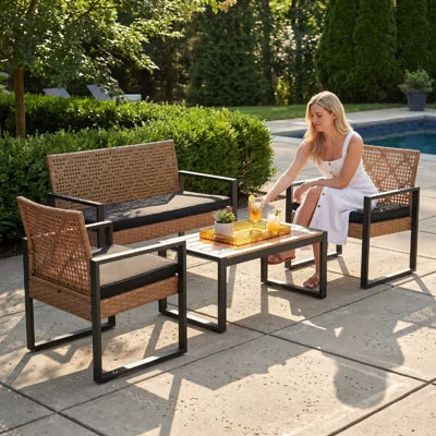 Wicker Patio Furniture Outdoor Conversation Set of 4, Rattan Outdoor Furniture Set with Acacia Wood Table, Sofa & 2 Armchairs for Patio, Porch