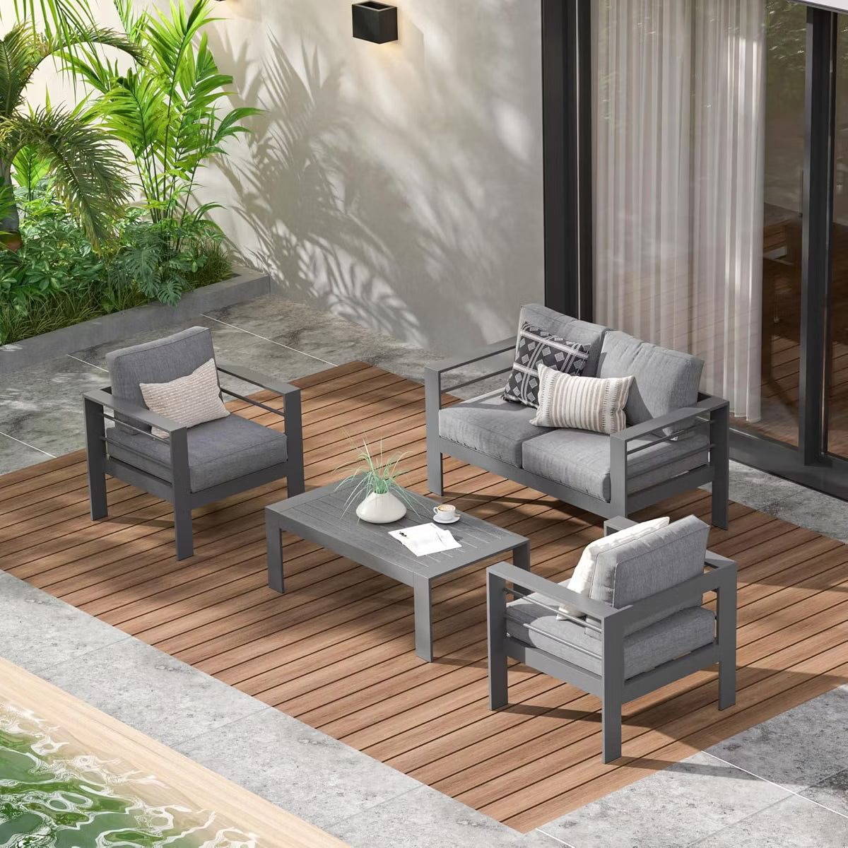 BOSMILLER Outdoor Patio Furniture Set, 4-Piece Patio Conversation Set & Coffee Table, All-Weather Patio Sofa Set for Garden, Balcony