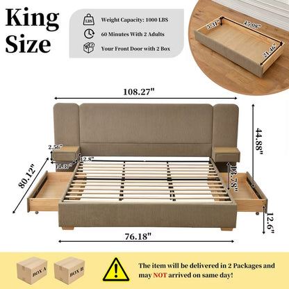 King Size Upholstered Platform Bed with Integrated Nightstands 2 Spacious Storage Drawers,Carbon Steel Frame,No Box Spring Needed,Easy Assembly,Brown