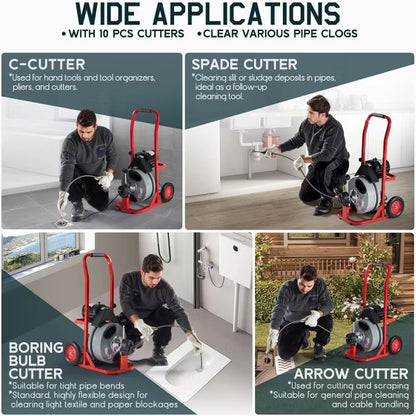 AMERLIFE Electric Drain Cleaner Machine with Auto-Feed & 10 Cutters, Sewer Snake Auger