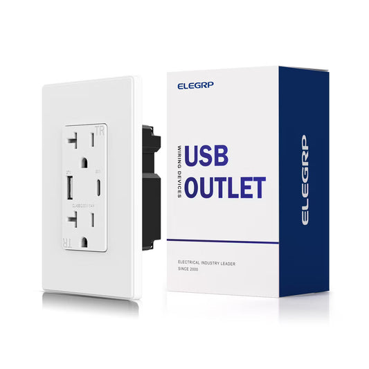 ELEGRP 30W USB Outlets Receptacles, 20 Amp Outlet with USB C and USB A Ports for Support Fast Charge Protocols,w/Wall Plate, UL Listed,White,1 Pack